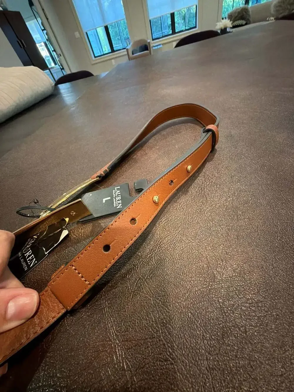 Ralph Lauren Women's Turn-Lock Skinny Leather Belt in Tan Large L with tags